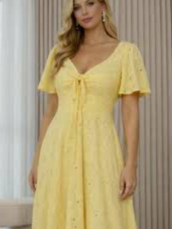 City Chic Dresses & Skirts - City Chic Sunlit Yellow Eyelet Tie-Front Midi Dress